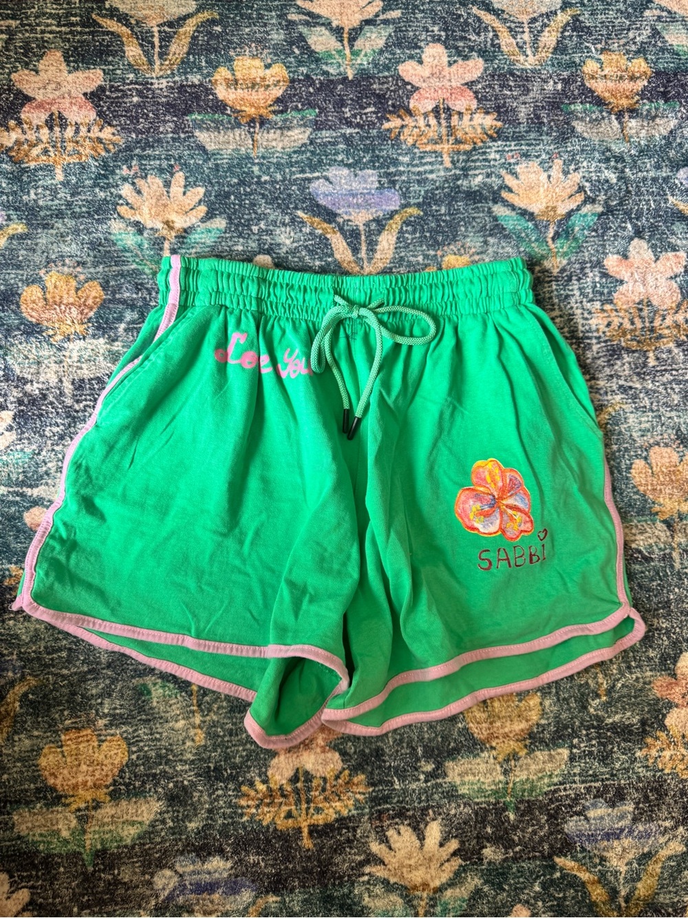 NWOT SABBI Green Women’s Lounge Shorts with Pink Trim